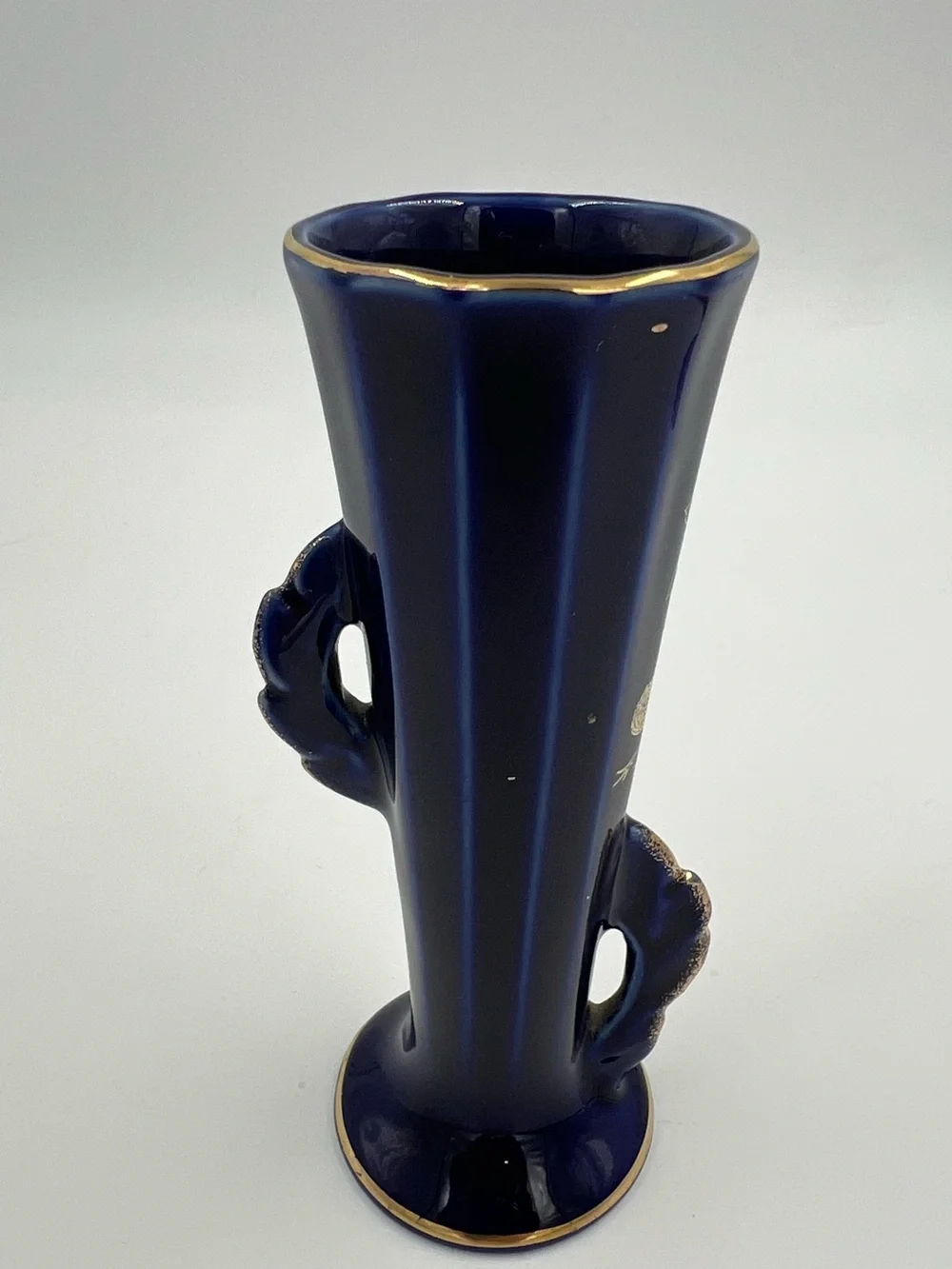 Vintage Cobalt Blue Peacock & Floral Gold Accents Bud Vase Japan 4.75” Tall